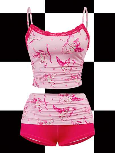 Shutterstock Y2Kool סט שני חלקים בסגנון Y2K עם טלאים וורודים, אופנת רחוב קז'ואל לנשים, מתאים לסתיו/חורף, בית, התכנסות, חג, לבוש יומיומי, יום האהבה