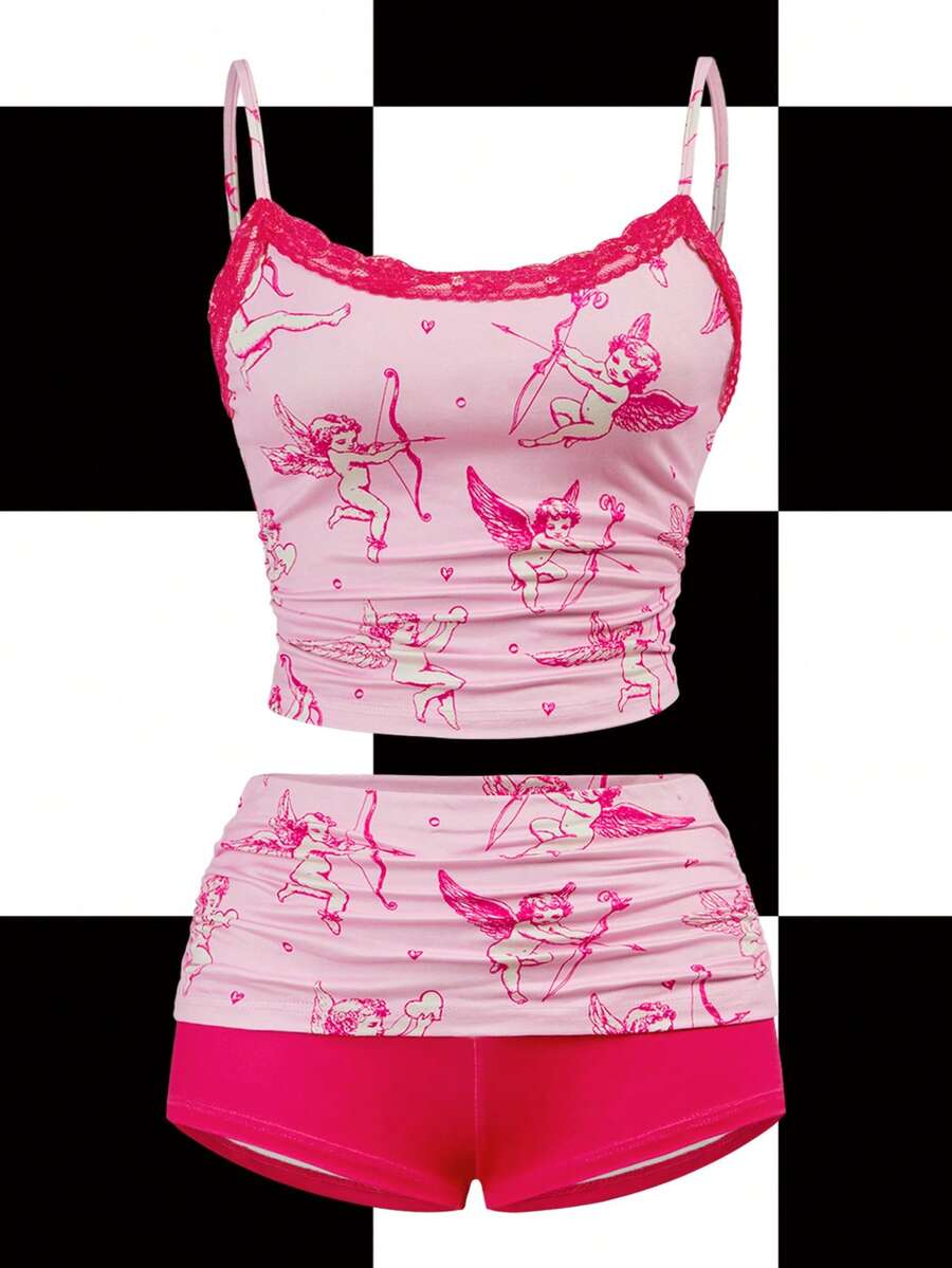 Shutterstock Y2Kool Y2K风格粉色天使爱心蕾丝拼接两件套，女士休闲街头风，适合秋冬季、居家、聚会、度假、日常穿着、情人节等场合。 - 粉色 - 查看 1