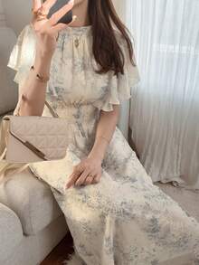 FRIFUL 女士全印花蓝色雪纺连衣裙，收腰设计，显瘦百搭 - 藍色 - 查看 8