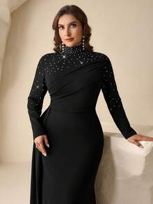 Coutiva 大码女士水钻装饰立领长袖褶皱修身正式晚礼服 - 黑色 - 查看 6