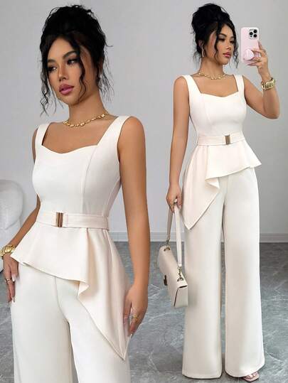 Elenzga Conjunto feminino de duas peças em cor sólida, composto por regata de alças largas, decote coração, gola quadrada, cintura marcada, cinto de lona com fivela metálica ajustável, barra assimétrica e calça reta e solta na cor damasco. Elegante estilo vintage francês, romântico e minimalista, perfeito para o escritório, trabalho, praia, férias, passeios, chá da tarde, confortável e chique para a primavera/verão.