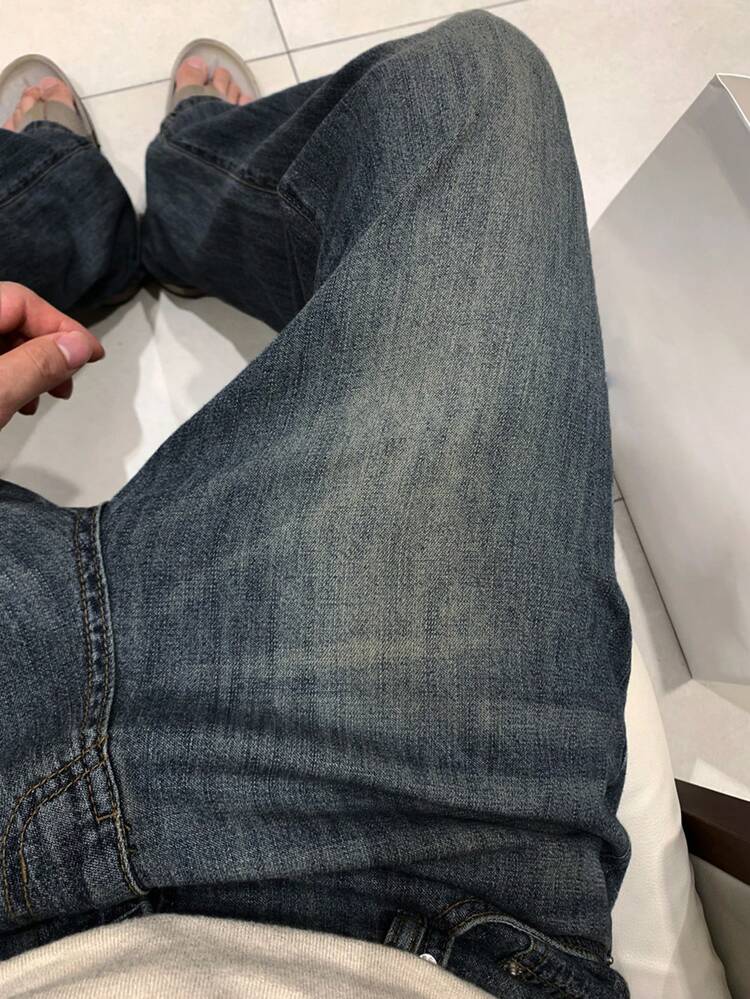 Men's Solid Blue Washed Vintage Look Denim Jeans, Spring