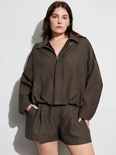 Aveloria Modichic Fashionable Design Casual Commuter Herringbone Batwing Sleeve Bomber Jacket With Shorts Set, Plus Size