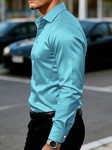 Manfinity Mode Herrskjorta med texturerad design och långärmad affärsskjorta - Babyblå - Visa 3