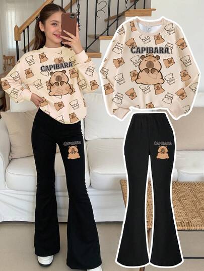 Sparklyn 2pcs/Set Cute Cartoon Capybara Pattern Casual Loose Fit Suitable For Young Girls, Kawaii Outfit For Children, Girls Round Neck Sweatshirt And Flare Pants Set, Comfortable For Daily, Spring, Autumn, Winter