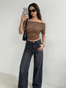 Firerie Women's New Solid Color Textured Asymmetric Shoulder Fitted Short Sleeve T-Shirt Top, Casual Sexy Top, All-Match Everyday Versatile T-Shirt, Short Sleeve T-Shirt Top, Spring Autumn Winter , Elegant, Commute, Casual, Daily, Minimalist, Work Attire, Spring Women Coffee Brown Top - Coffee Brown - View 7