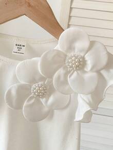 SHEIN 少女纯色荷叶边立体花卉休闲衬衫，可爱花朵设计 - 白色 - 查看 5