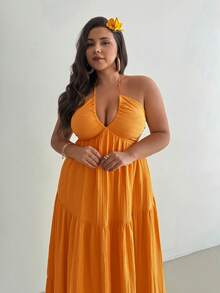 Firerie 大码女士雪纺露背吊带连衣裙，后背系带，适合度假、婚礼、外出、海滩约会 - 黃色 - 查看 4