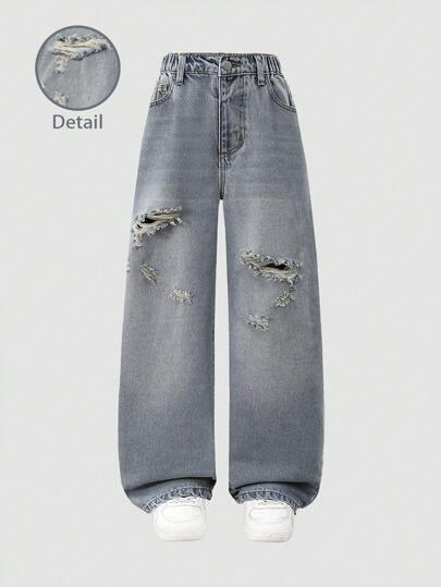 Pantalones vaqueros rectos con diseño desgastado, cintura elástica y bolsillos con cremallera para niños, para uso casual y urbano