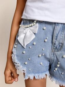 Radiana Tween Girl Elegant Light Washed Distressed Bowknot Denim Jeans Shorts With Pocket Insert, Faux Pearl, And Frayed Hem, For Spring And Summer Vacation Festival - Light Wash - View 6