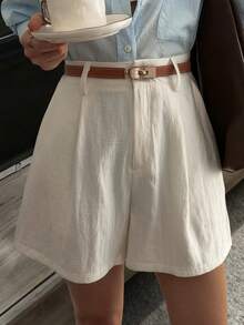 Strévra 女士高腰休闲褶皱宽松短裤 - 米色 - 查看 1