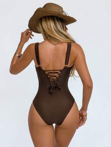 Shapewave 1pc Women's One-Piece Tummy Control Backless Swimsuit With Push-Up Bra And Tie-Up Design, Brown With Natural Buckle, Suitable For Beach & Resort - Brown - View 5