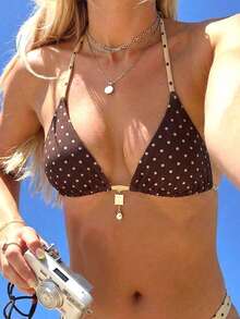 Swim Mod Women's Summer New Polka Dot Print Reversible Sexy Halter Bikini Top, Paired With Chic Metal Coconut Tree Pendant Swimsuit Top - Multicolor - View 5