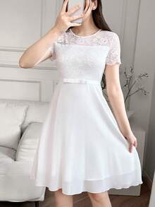 SHEIN Vestido de fiesta de línea A con cuello redondo, parches y ribete de encaje para adolescentes - Blanco - Ver 6