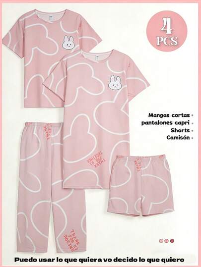 Set de 4 piezas de pijama informal con dibujos animados para mujer, tres piezas, adecuado para las temporadas de primavera, verano y otoño,pijamas mujeres,valentines day