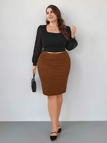 Firerie Chân váy bút chì xếp ly màu trơn thanh lịch, cỡ lớn, phù hợp công sở. - Màu nâu  Mocha - Xem 6