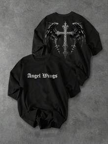 Sport MetroGents 男士圆领字母十字印花休闲百搭日常运动短袖T恤 - 黑色 - 查看 1