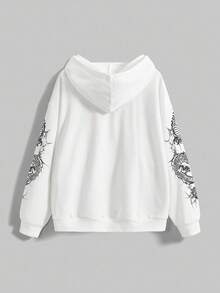 ROMWE Goth Hanorac cu croială lejeră, întunecat, misterios, religios, sacru, nou stil chinezesc, cu dragon, lotus, tigru, viță de vie, trandafir, grafică florală cu plante, hanorac pentru femei - alb - Vizualizare 2