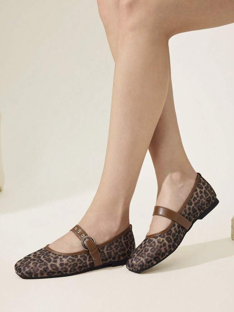 CUCCOO CHICEST Ladies Flat Shoes Brown Leopard Print Black Hollow Embroidered Sequins Mesh Square Ballet Flats, Mary Jane White Flats, Elegant Women's Flats Black Professional Work Shoes, Light Comfortable Versatile Casual Suitable For Daily Commuting/Christmas Thanksgiving/Prom Party/Outer Wear Women's Shoes Wedding Shoes Spring Shoes Bride Shoes