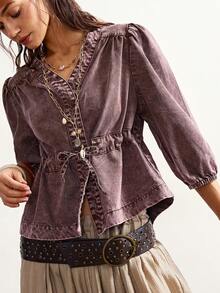 Bohemela Women's Denim Shirt, Loose Fit, Drawstring Waist, 3/4 Sleeves, Purple Denim Top. Spring Clothes  Valentine's Day   Carnival  Vacation Outfits For Women  Blouse - Brown - View 1