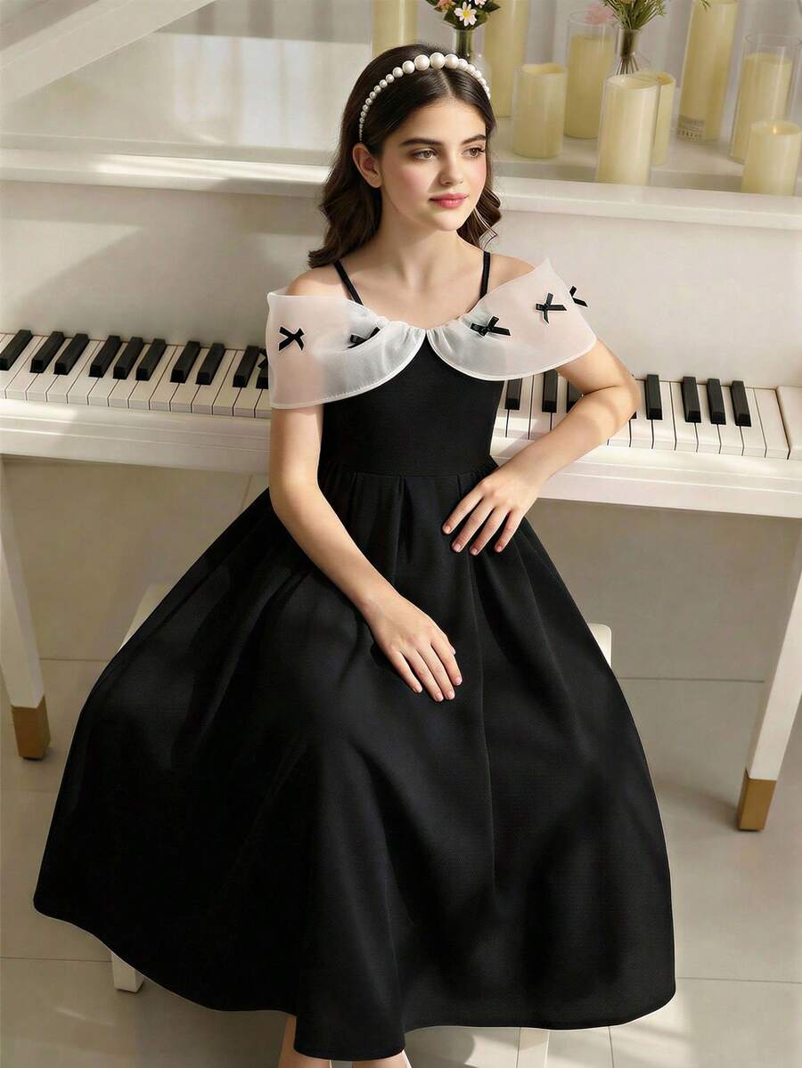 少女优雅公主复古贵族宴会派对吊带撞色收腰连衣裙 - 黑色 - 查看 1