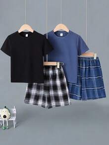 SHEIN 4pcs Tween Boy Plaid Pattern Round Neck Short Sleeve Shorts Loose Casual Pajama Set, Buy 1 Get 1 Free Super Value,Kids - Multicolor - View 2
