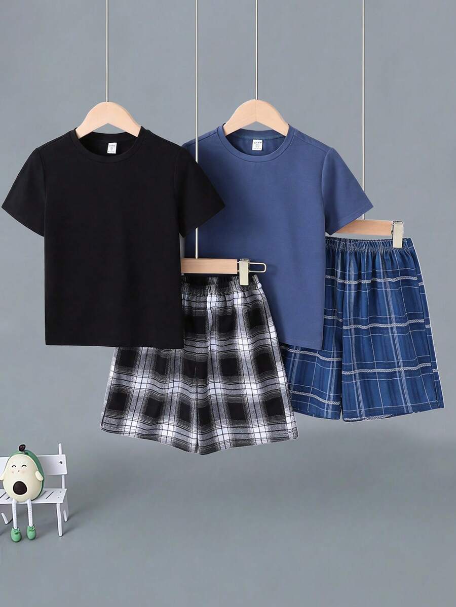 SHEIN 4pcs Tween Boy Plaid Pattern Round Neck Short Sleeve Shorts Loose Casual Pajama Set, Buy 1 Get 1 Free Super Value,Kids