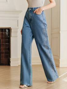 Anewsta Quần jeans ống đứng màu xanh dương thanh lịch, lãng mạn, đính đá và họa tiết hoa dành cho nữ, thích hợp cho mùa xuân/hè. - Rửa nhẹ - Xem 1