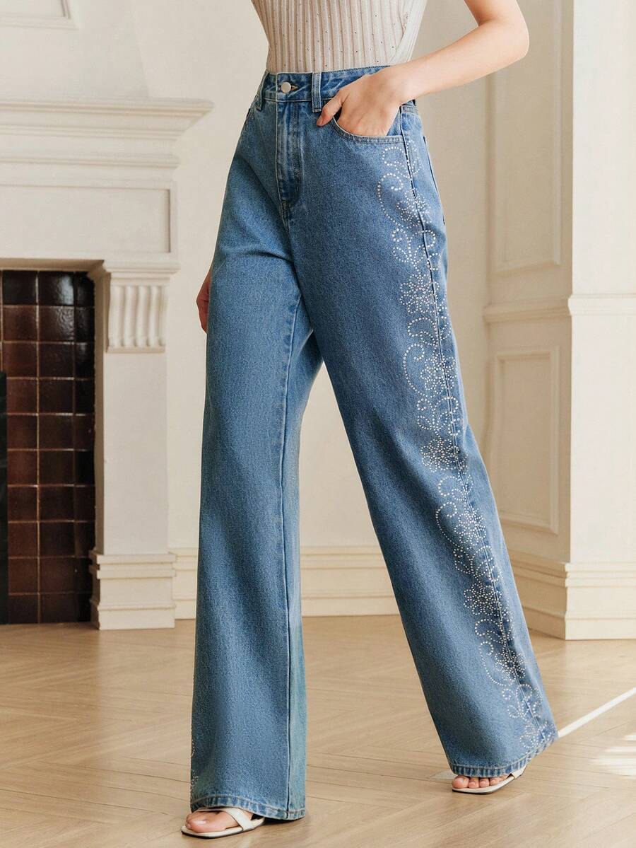 Anewsta Quần jeans ống đứng màu xanh dương thanh lịch, lãng mạn, đính đá và họa tiết hoa dành cho nữ, thích hợp cho mùa xuân/hè. - Rửa nhẹ - Xem 1