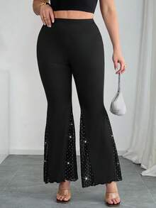 Chikora Plus Size Stretchy Lace Patchwork Flare Leg Black Pants - Black - View 5