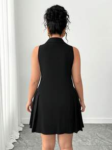 SHEIN PETITE CURVE Women's Fashionable Elegant Lapel Sleeveless Pleated Hem Dress - Black - View 2