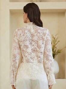 Dazy-Less Elegant Lace Women's Shirt, Waist Cinched Design, Casual For Commuting, Suitable For Spring, Summer, Valentine's Day, Wedding - White - View 2