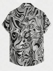 ROMWE MEN Street Life Men's Cartoon Smiling Face Print Single-Breasted Casual Short Sleeve Shirt - Grey - View 2