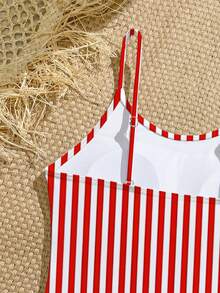 Girls' Striped Elastic Woven One-Piece Swimsuit, Suitable For Beach, Vacation, Swimming Tween One Piece Swimsuit Red And White Striped Swimsuit Girls Red White One Piece Swimsuit Girls Striped Swimsuit Tweens Beachwear - Red and White - View 5