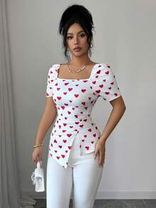 Elenzga 女士针织爱心印花方领褶皱泡泡袖不对称下摆露脐上衣，复古优雅白色底红色爱心印花，适合情人节、春夏穿着 - 彩色 - 查看 5