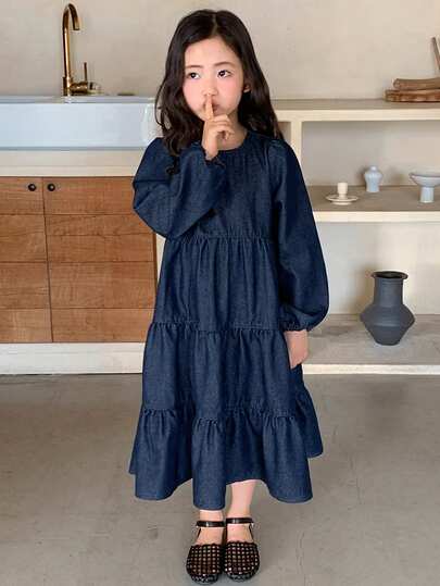 DAZY Young Girl' Washed Round Neck Loose Denim Dress, Korean Style