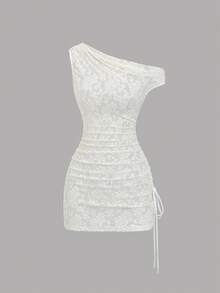 Sweetra Y2K性感蕾丝透视度假褶皱抽绳不对称肩连衣裙 - 白色 - 查看 1