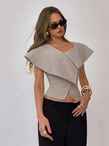 Aloruh 女士优雅艺术风时尚浪漫约会通勤不对称翻领西装外套，春夏款 - 卡其色 - 查看 7