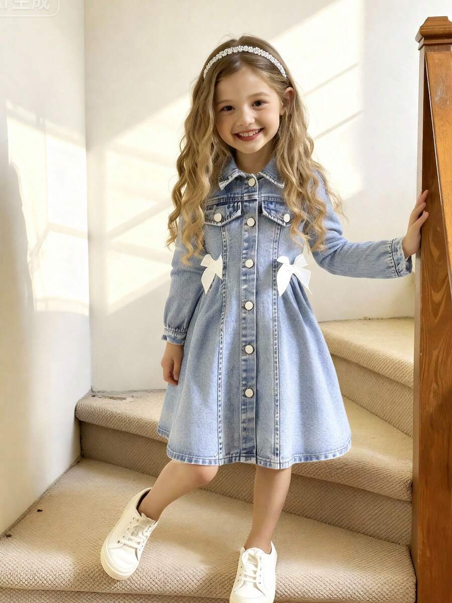 Elladie kids 1 Piece Of Toddler Girls' 2026 Spring/Autumn New Arrival Sweet Bow Denim Dress Soft Cotton-Blend Denim Fabric Light Blue Washed Finish Turn-Down Collar Long Sleeve Design Single-Breasted Front Closure 3D Bow Embellishments On Skirt A-Line Hem Kindergarten Daily Outfit Family Gathering Photo Park Spring Outing Holiday Party Kids' Fashion Sweet Style - Light Wash - View 1