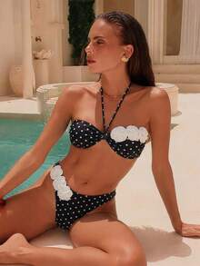 Swim Chiccia Bộ đồ bơi nữ màu trơn in hoa, bikini cho kỳ nghỉ hè ở bãi biển. - màu đen - Xem 1