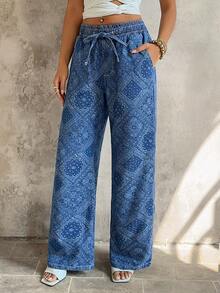 SHEIN Women's Casual Vacation All-Over Print Straight Leg Jeans - Blue - View 1