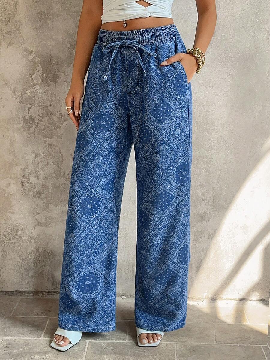 SHEIN Women's Casual Vacation All-Over Print Straight Leg Jeans - Blue - View 1