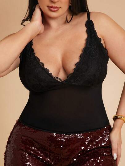SHEIN BAE Plus Size Dam Svart Spetslinne, Konserttopp, Sexig Blus