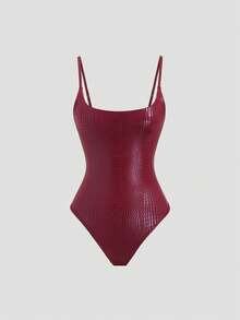 Sweetra Women's Fashionable Crocodile Embossed PU Coated Elastic Bodysuit, Slim Fit, V-Neck, Suitable For Casual, Street, Party, Wine Red, Spring/Summer - Burgundy - View 7