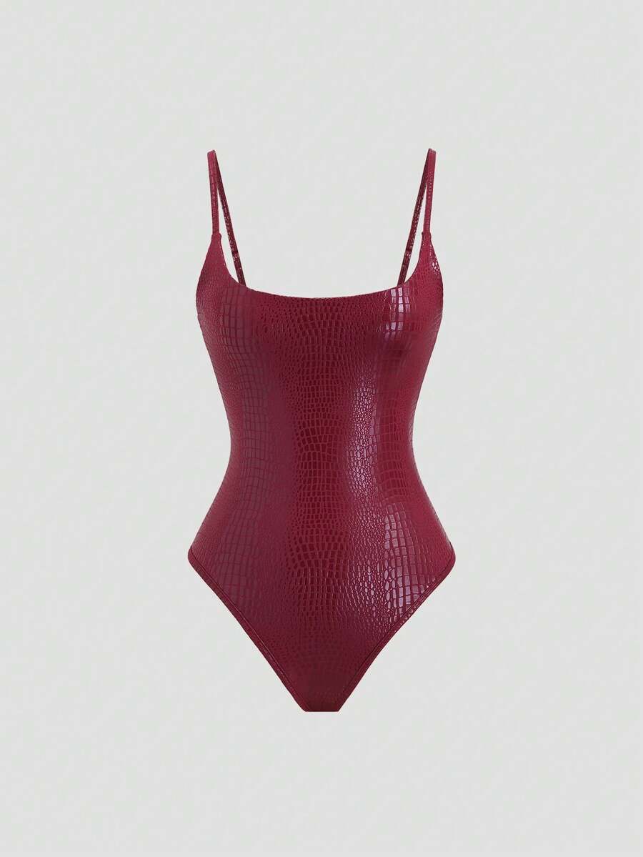 Sweetra 女士时尚鳄鱼纹PU涂层弹力连体衣，修身剪裁，V领，适合休闲、街头、派对等场合，酒红色，春夏款 - 酒紅色 - 查看 1