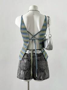 INAWLY 女士夏季休闲度假日常通勤时尚街头撞色条纹印花系带露背修身吊带衫 - 藍色 - 查看 2