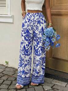 SHEIN Teenager Mädchen Pendler Stil Design Falsche Tasche Weite Bein Hose, Frühling & Herbst, Ausflug, vielseitig, schlank minimalistisch, geeignet für Schule, Pendeln, Alltagstragen, bequem, stilvoll, Lässig Hose mit Blumenmuster Hose in Weiß und Blau Gemusterte Hose Sommerhose - Blau - Übersicht 4