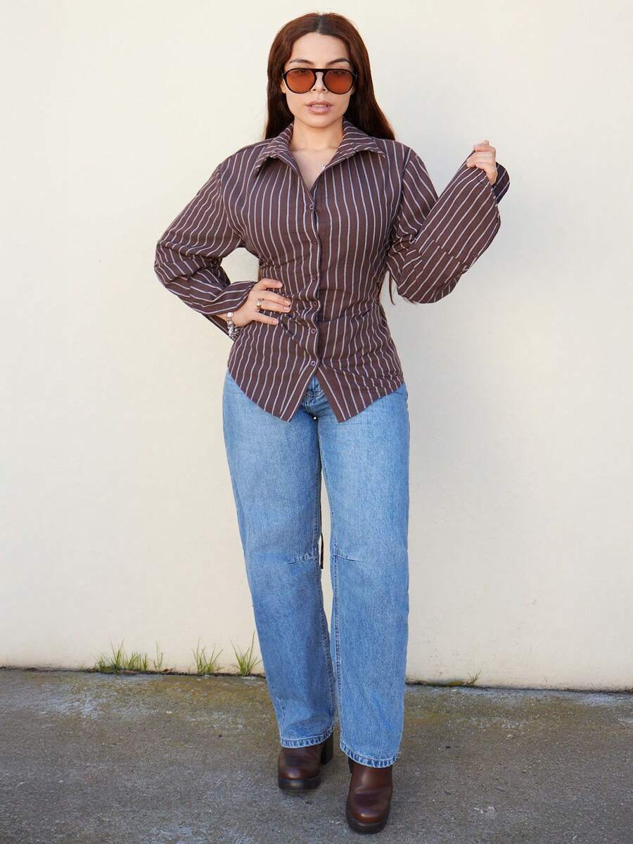 Lupita Cardoza Women's Elegant Striped Button-Up Cinched Waist Shirt, Back To School Teacher, Fall Clothes For Women, Fall Tops, Brown Shirt, Brown Tops - Multicolor - View 1