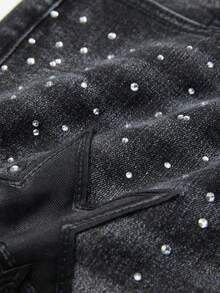 ROMWE MEN 男士休闲日常牛仔裤，带口袋、纽扣和水钻五角星贴片 - 黑色 - 查看 6