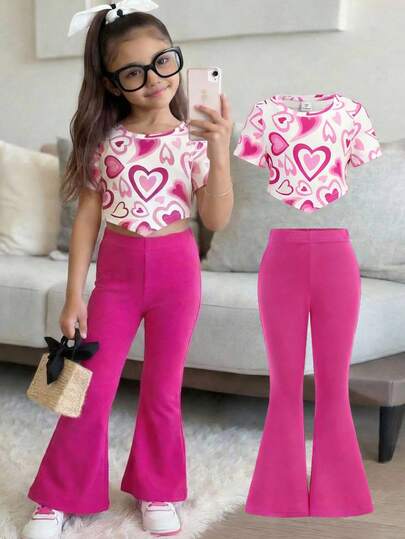 2pcs/Set Girls Heart Print Pink Knit T-Shirt And Leggings, Comfortable Casual Fashion Outfit, Suitable For Valentine's Day